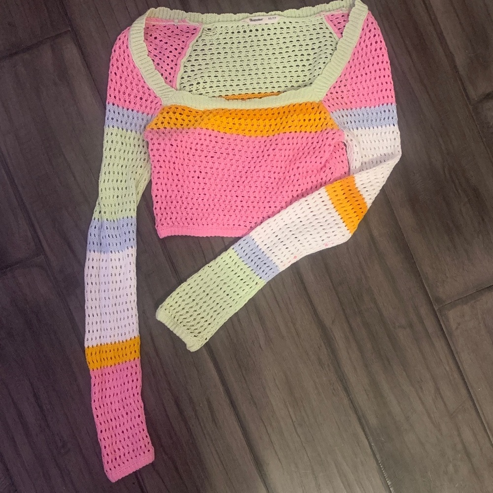 Crochet Knit Multi-Color Long Sleeve Crop Top - Multicolor